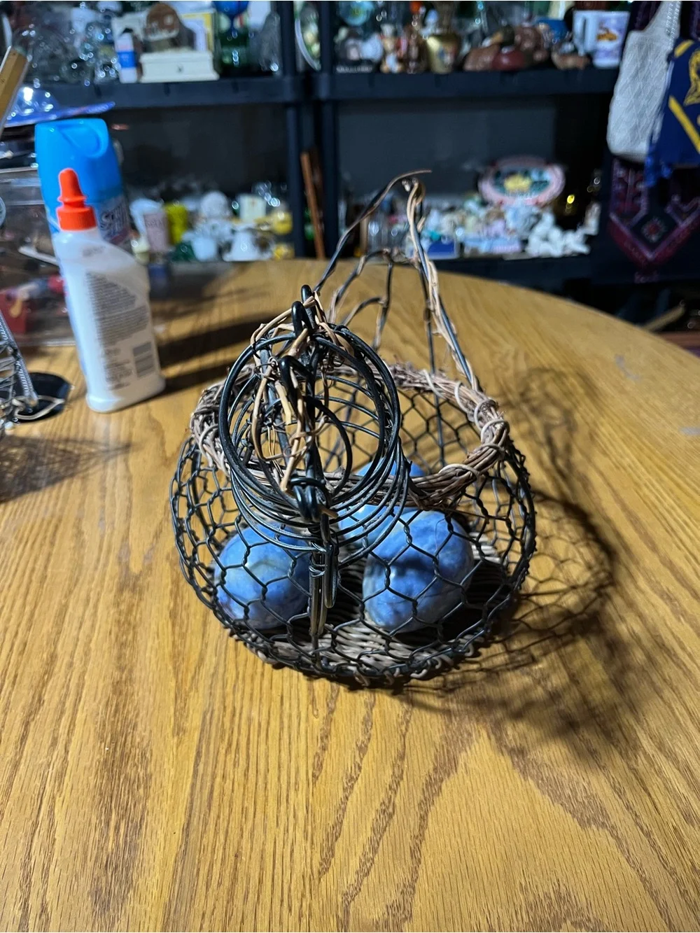 Rustic Wire Basket with Blue Decorative Stone Eggs